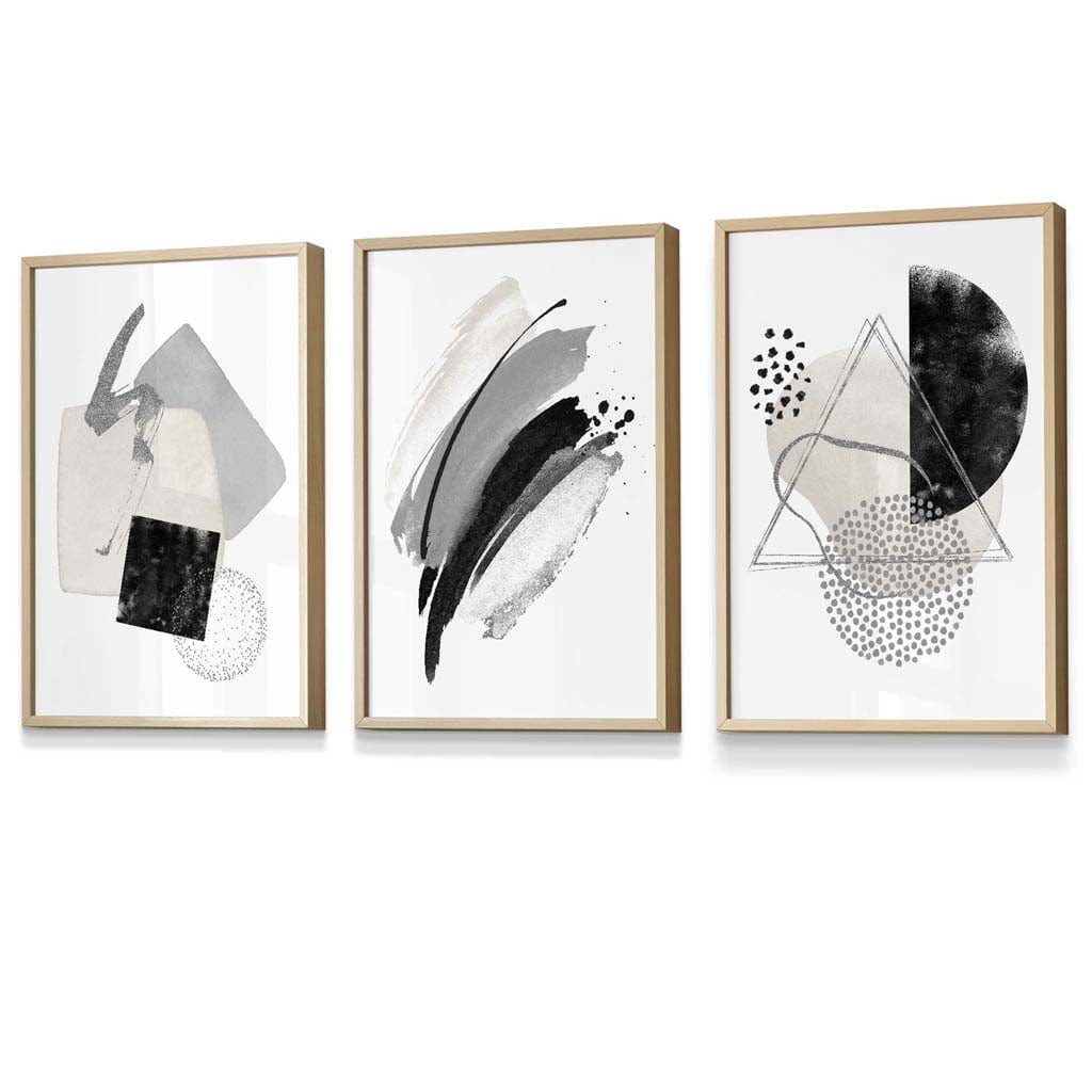 Abstraktes Set aus 3 gerahmten Kunstdrucken in Grau, Schwarz und Silber