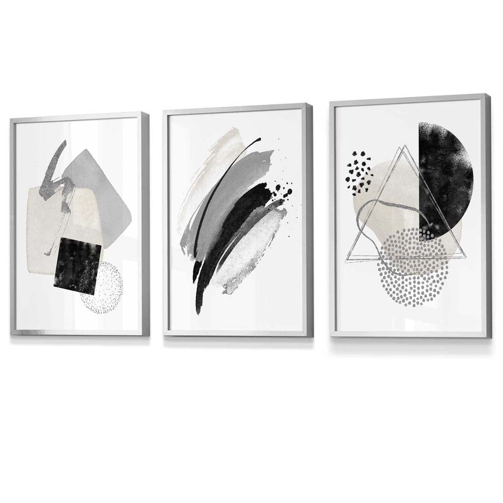 Abstraktes Set aus 3 gerahmten Kunstdrucken in Grau, Schwarz und Silber