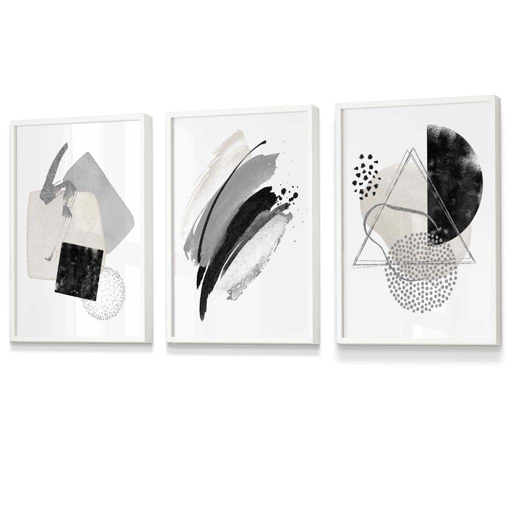 Abstraktes Set aus 3 gerahmten Kunstdrucken in Grau, Schwarz und Silber