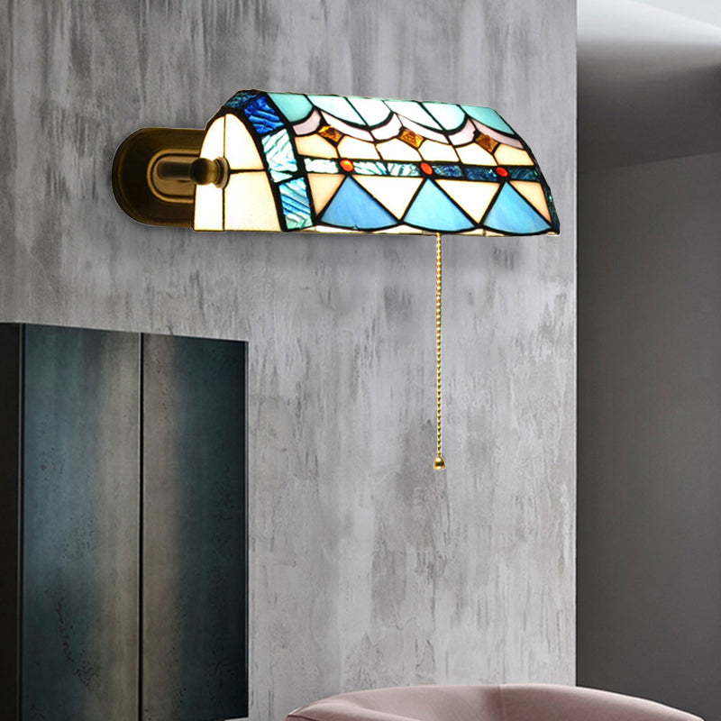 Mediterrane Bankerlampe mit Zugkette Buntglas 1 Licht Wand sconce in Blau | Brehn