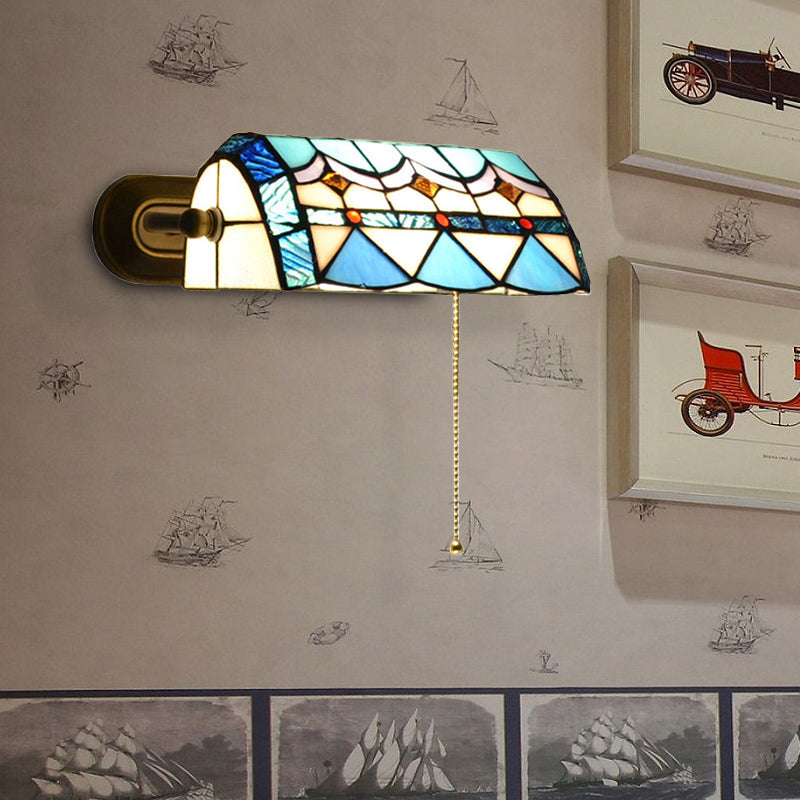 Mediterrane Bankerlampe mit Zugkette Buntglas 1 Licht Wand sconce in Blau | Brehn