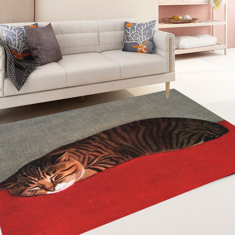 Brehn | Nieuwheid Kat Patroon Tapijt Rood en Zwart Polyester Wasbaar Diervriendelijk Gebied Tapijt voor Decoratie