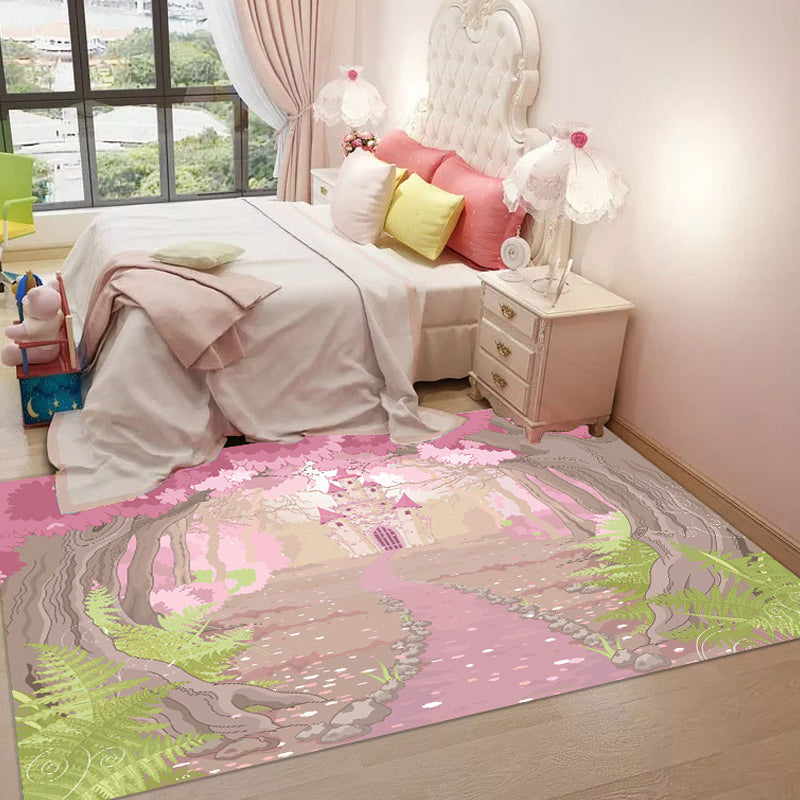 Brehn | Roze en blauwe kids tapijt Polyester Bos en stad patroon tapijt Dier vriendelijk Wasbaar Antislip achterkant vloerkleed voor decoratie