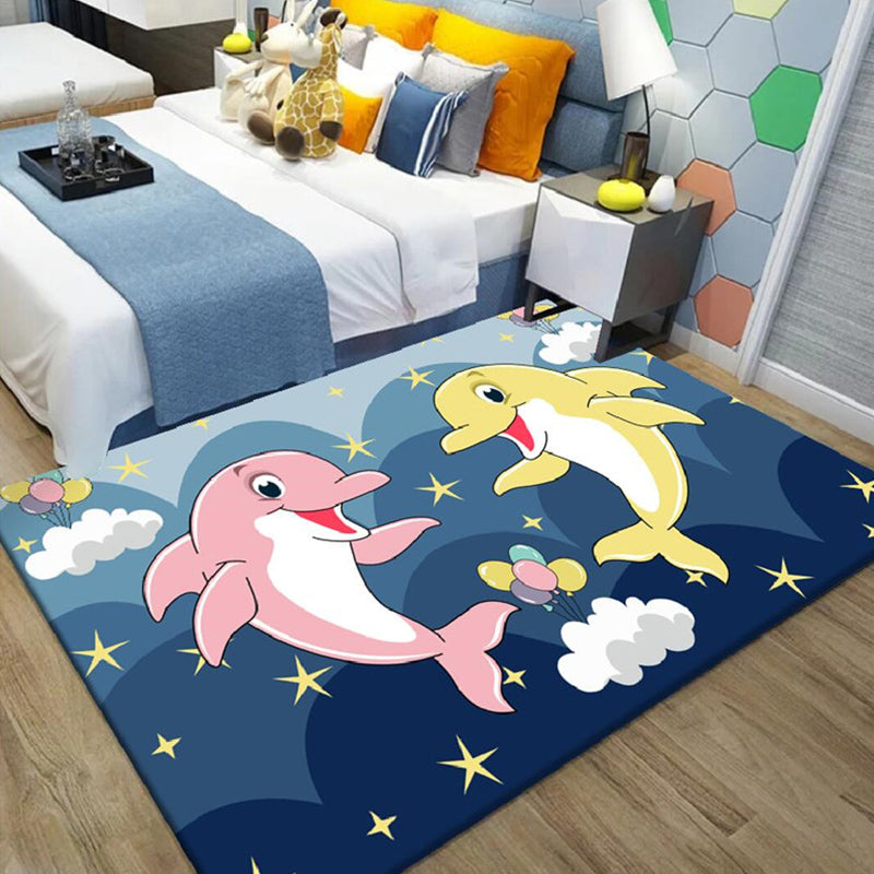 Brehn | Kinderen Cartoon Dolfijn Patroon Tapijt met Ster Groen en Blauw Polyester Tapijt Wasbaar Huisdiervriendelijk Antislip Gebiedtapijt voor Kinderslaapkamer
