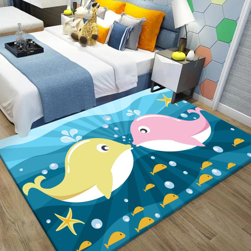 Brehn | Kinderen Cartoon Dolfijn Patroon Tapijt met Ster Groen en Blauw Polyester Tapijt Wasbaar Huisdiervriendelijk Antislip Gebiedtapijt voor Kinderslaapkamer