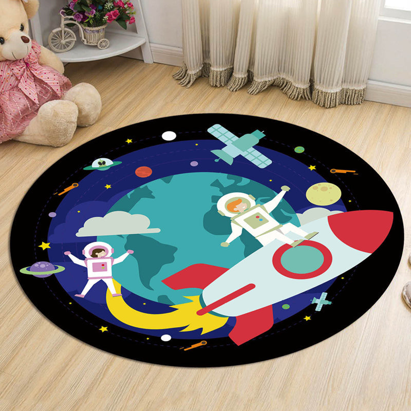Brehn | Dunkelblauer Kinderteppich Polyester Raumschiff und Stern Muster Teppich Haustierfreundlich Waschbar Rutschfeste Rückseite Teppich zur Dekoration