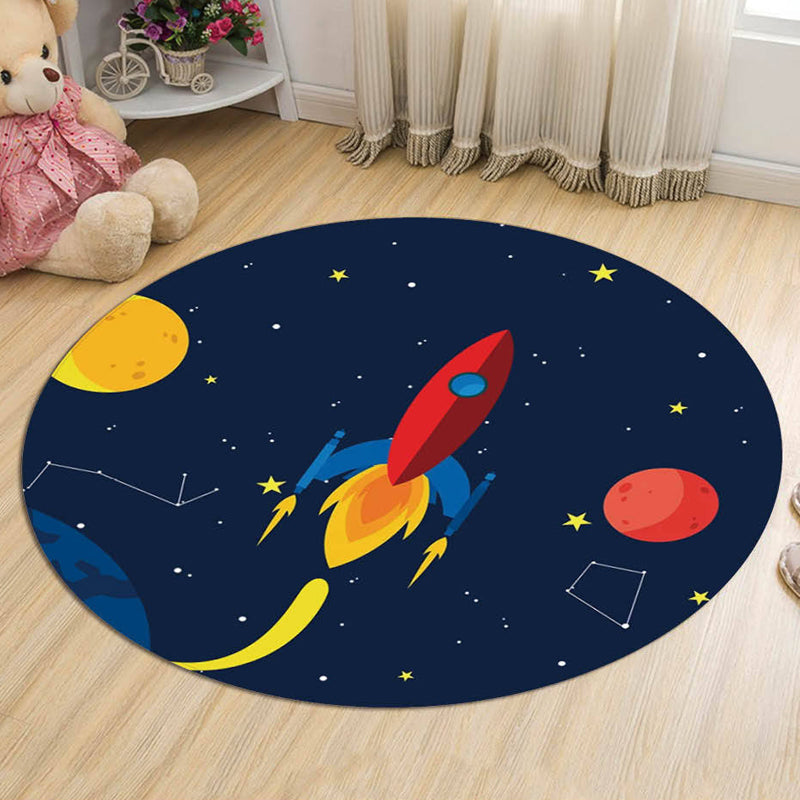 Brehn | Dunkelblauer Kinderteppich Polyester Raumschiff und Stern Muster Teppich Haustierfreundlich Waschbar Rutschfeste Rückseite Teppich zur Dekoration