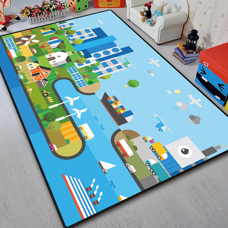 Brehn | Einzigartiger Inselmuster-Teppich mit Baum Blau und Grün Kinderteppich Polyester Waschbar Tierfreundlich Rutschfester Teppich für das Kinderzimmer