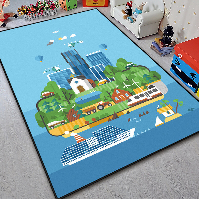 Brehn | Einzigartiger Inselmuster-Teppich mit Baum Blau und Grün Kinderteppich Polyester Waschbar Tierfreundlich Rutschfester Teppich für das Kinderzimmer