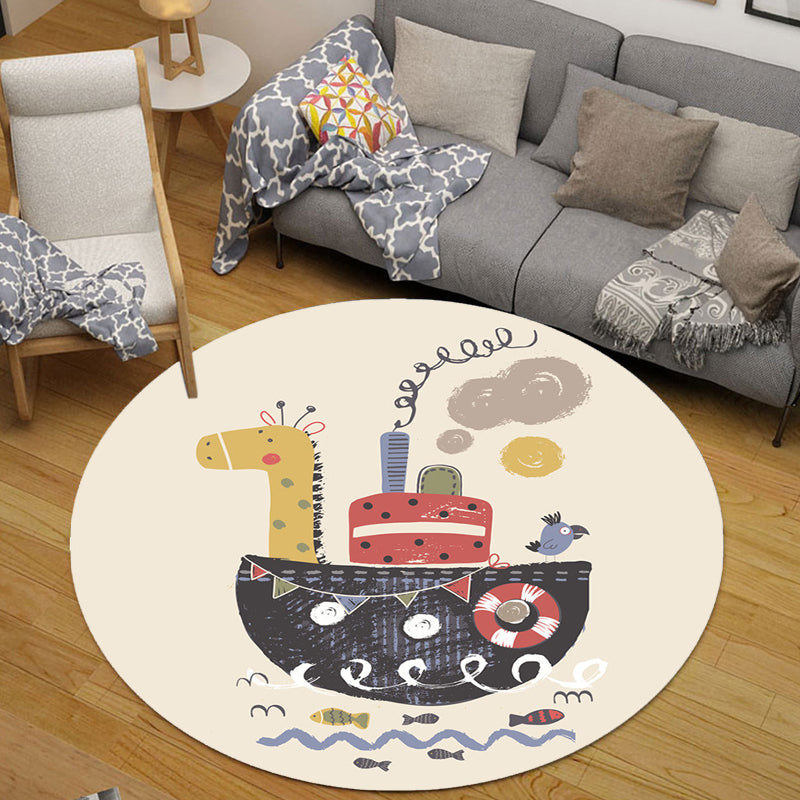 Brehn | Kinder-Schiff-Muster-Teppich Beige und Orange Polyester Teppich Waschbar Haustierfreundlicher Rutschfester Teppich für das Kinderzimmer
