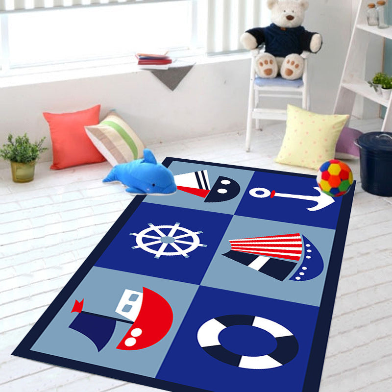 Brehn | Kinder-Schiffsmuster-Teppich mit Anker Blau Polyester Teppich Waschbar Haustierfreundlich Rutschfester Teppich für das Kinderzimmer