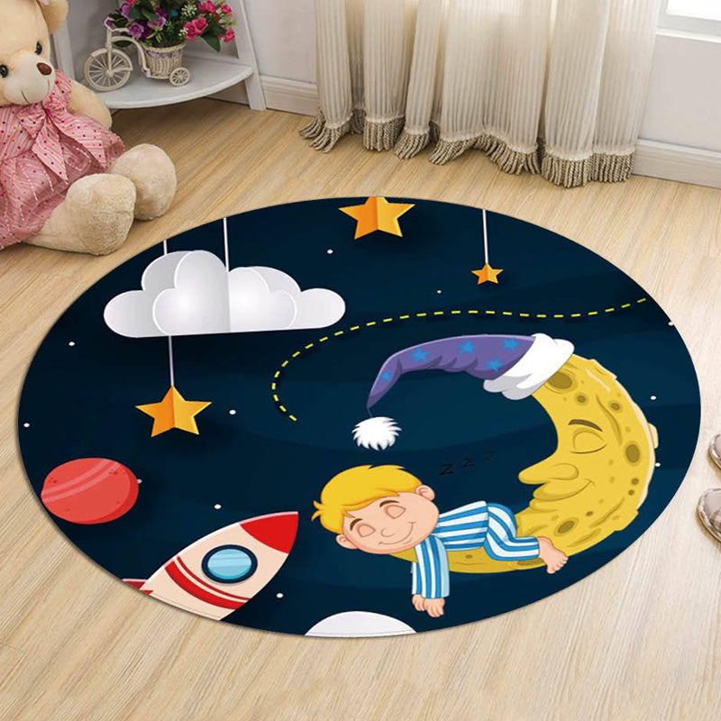 Brehn | Einzigartiger Raumschiff-Muster-Teppich mit Planet Schwarz und Rot Kinderteppich Polyester Waschbar Tierfreundlich Rutschfester Teppich für das Kinderzimmer