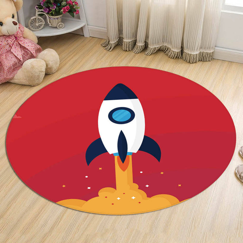 Brehn | Einzigartiger Raumschiff-Muster-Teppich mit Planet Schwarz und Rot Kinderteppich Polyester Waschbar Tierfreundlich Rutschfester Teppich für das Kinderzimmer