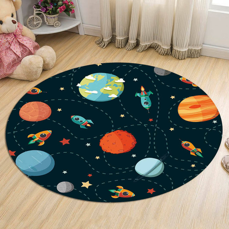 Brehn | Einzigartiger Raumschiff-Muster-Teppich mit Planet Schwarz und Rot Kinderteppich Polyester Waschbar Tierfreundlich Rutschfester Teppich für das Kinderzimmer