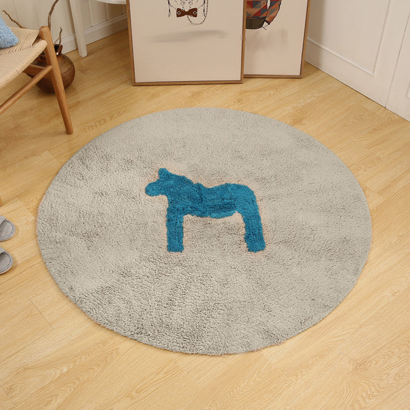 Brehn | Kinderen Paardpatroon Tapijt Blauw en Khaki Katoenen Tapijt Wasbaar Huisdiervriendelijk Antislip Vloerkleed voor Kinderkamer