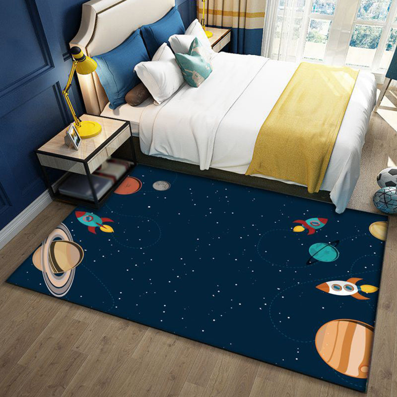 Brehn | Stylish Outer Space pattern rug blue and black children's rug polyester washable pet-friendly anti-slip rug for children's room