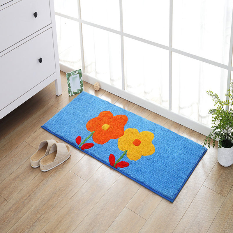Brehn | Blauer und orangefarbener Kinderteppich aus Polyester mit Blatt- und Blumenmuster, haustierfreundlicher, waschbarer Teppich mit rutschfester Unterseite zur Dekoration
