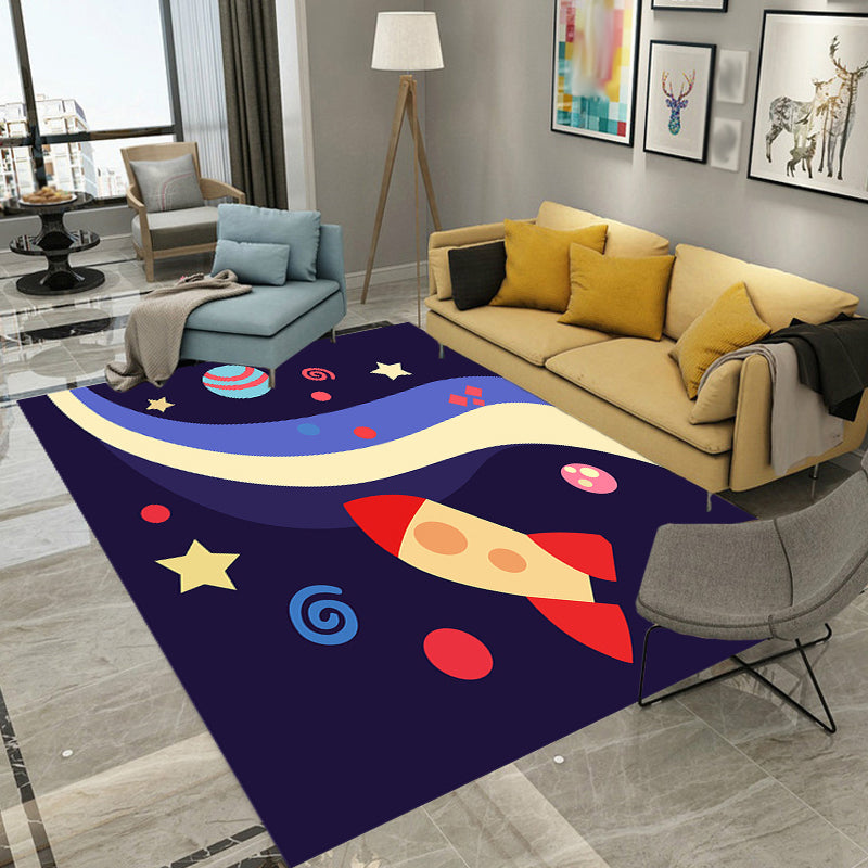 Brehn | Kindermatten mit Raumschiffmuster und Planet Dunkelblau Polyester Teppich Waschbar Haustierfreundlich Rutschfester Teppich für das Kinderzimmer