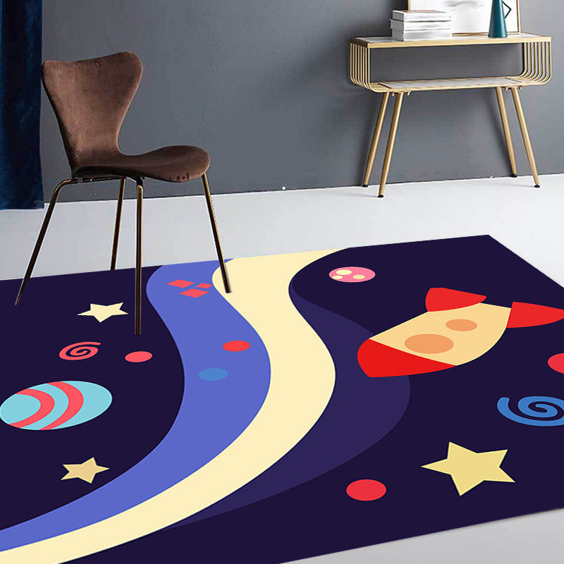 Brehn | Kindermatten mit Raumschiffmuster und Planet Dunkelblau Polyester Teppich Waschbar Haustierfreundlich Rutschfester Teppich für das Kinderzimmer