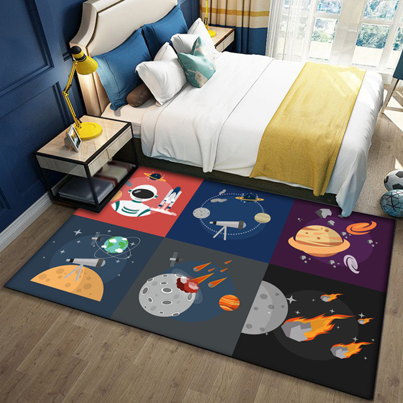 Brehn | Zwart en Blauw Kids Tapijt Polyester Ruimte en Strand Patroon Tapijt Huisdier Vriendelijk Wasbaar Antislip Ondersteuning Vloerkleed voor Decoratie