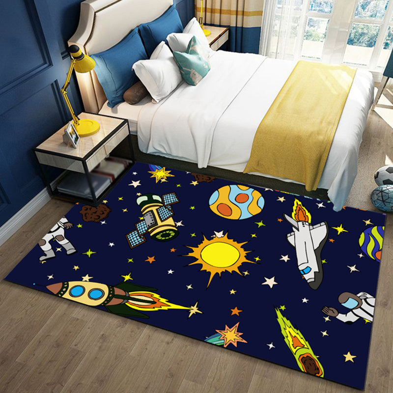 Brehn | Zwart en Blauw Kids Tapijt Polyester Ruimte en Strand Patroon Tapijt Huisdier Vriendelijk Wasbaar Antislip Ondersteuning Vloerkleed voor Decoratie