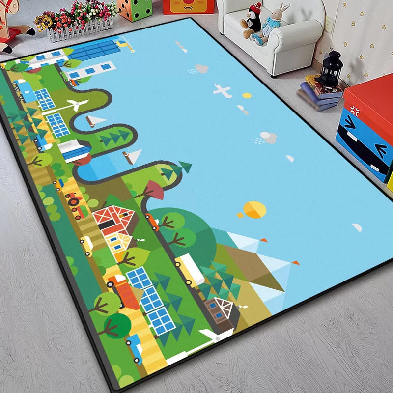 Brehn | Einzigartiges Bau-Design Teppich Blau Kinderteppich Polyester Waschbar Haustierfreundlich Rutschfester Teppich für Kinderzimmer