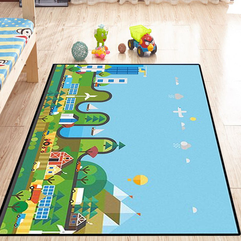 Brehn | Einzigartiges Bau-Design Teppich Blau Kinderteppich Polyester Waschbar Haustierfreundlich Rutschfester Teppich für Kinderzimmer