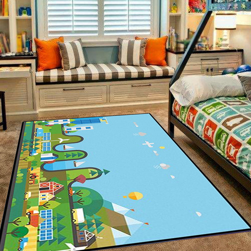 Brehn | Einzigartiges Bau-Design Teppich Blau Kinderteppich Polyester Waschbar Haustierfreundlich Rutschfester Teppich für Kinderzimmer