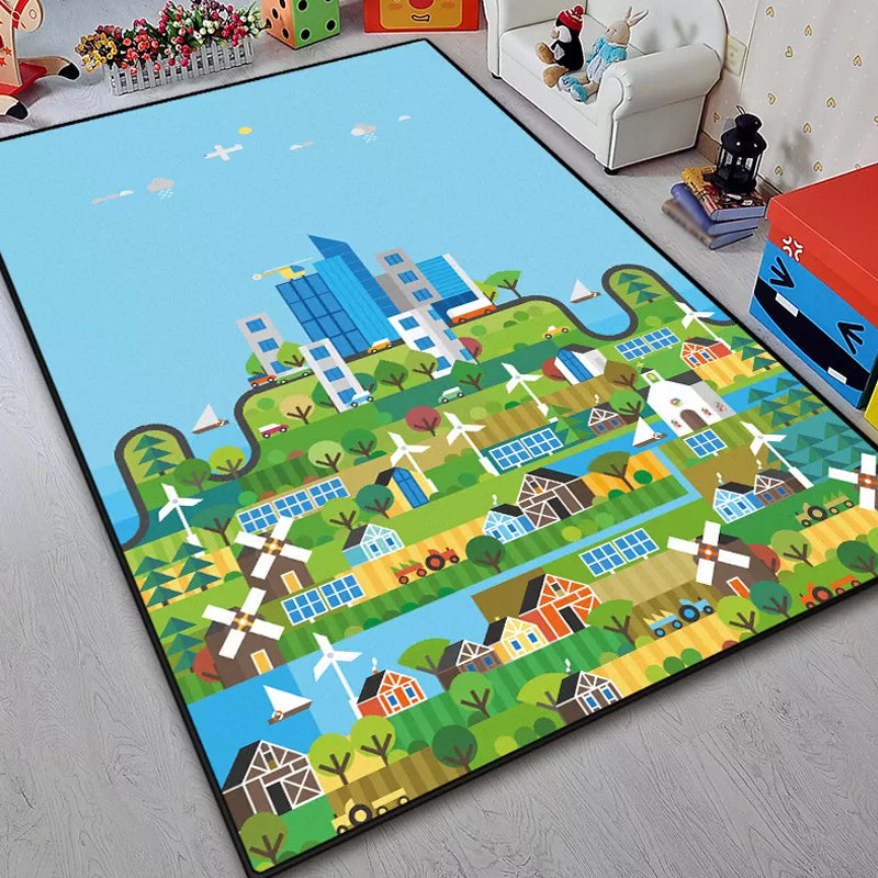 Brehn | Einzigartiges Bau-Design Teppich Blau Kinderteppich Polyester Waschbar Haustierfreundlich Rutschfester Teppich für Kinderzimmer