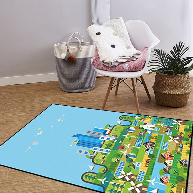 Brehn | Einzigartiges Bau-Design Teppich Blau Kinderteppich Polyester Waschbar Haustierfreundlich Rutschfester Teppich für Kinderzimmer
