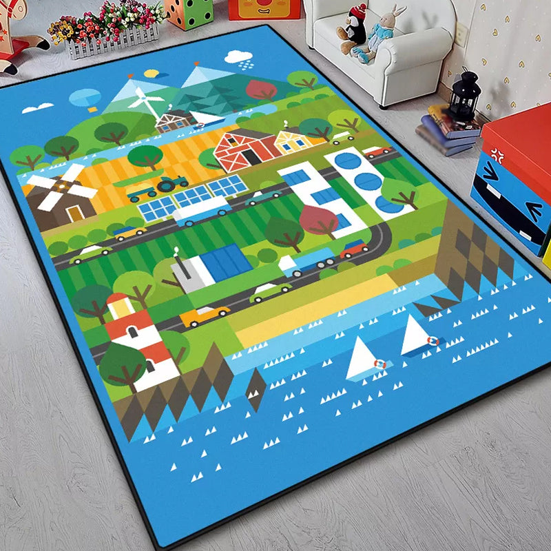 Brehn | Einzigartiges Bau-Design Teppich Blau Kinderteppich Polyester Waschbar Haustierfreundlich Rutschfester Teppich für Kinderzimmer