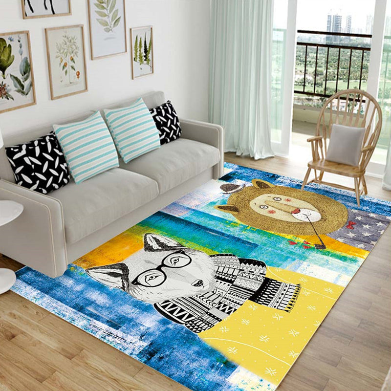 Brehn | Kindertiermusterteppich Schwarz und Blau Acrylteppich Waschbar Haustierfreundlicher rutschfester Teppich für das Kinderzimmer