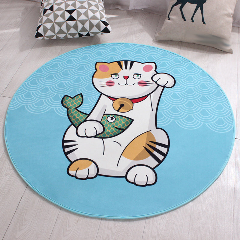 Brehn | Kinderkatzen-Designteppich Blau und Pink Polyester Teppich Waschbar Haustierfreundlich Rutschfester Teppich für das Kinderzimmer