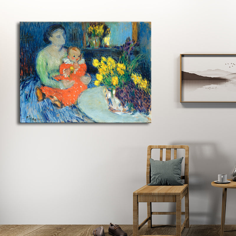 Brehn | Kinder und Frauen Malerei im blauen Impressionismus Stil Wandkunst Dekor für Esszimmer