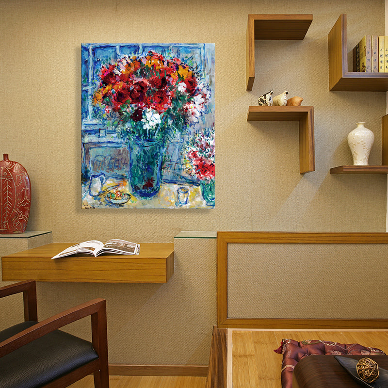 Brehn | Blumen- und Vasen-Kunst Zeichnung Französischer Landhausstil Leinwand Texturierten Wanddruck in Blau