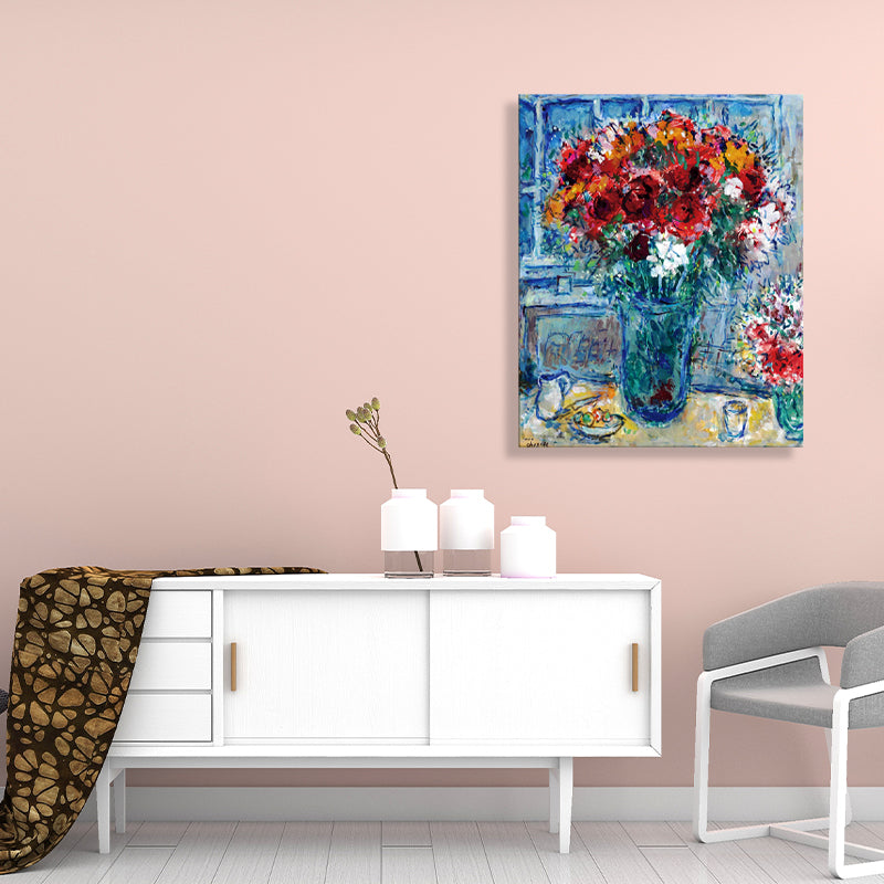 Brehn | Blumen- und Vasen-Kunst Zeichnung Französischer Landhausstil Leinwand Texturierten Wanddruck in Blau
