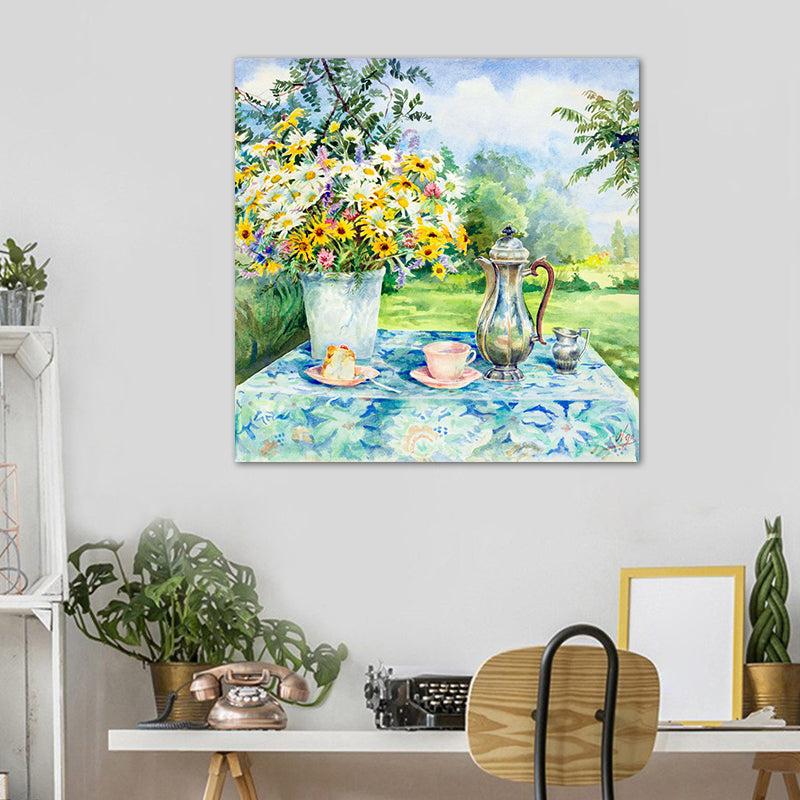 Brehn | Impressionismus Blumen und Tassen Leinwand Lichtfarbe Texturiertes Gemälde für Esszimmer