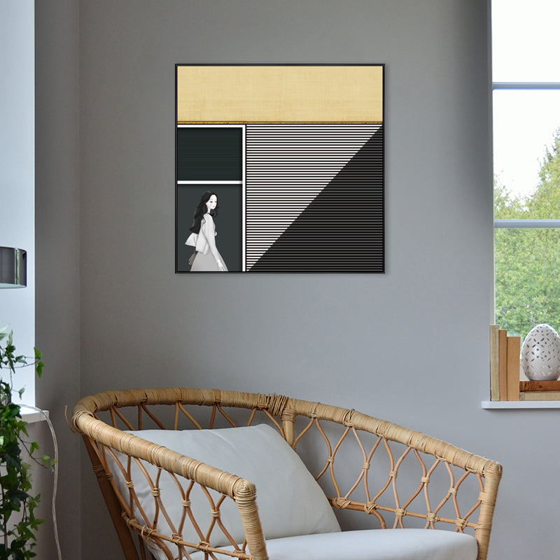 Brehn | Walking Young Girl Wanddekor in Schwarz zeitgenössischem Stil Leinwand für das Wohnzimmer