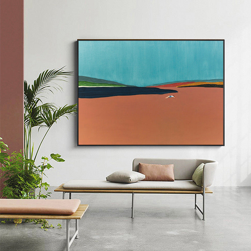 Brehn | Zeitgenössische Flatlands Szene Leinwand in Orange Texturierte Wandkunst Dekor für das Badezimmer