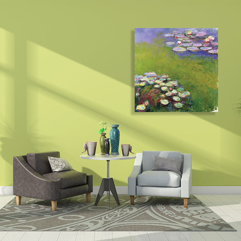 Brehn | Grüne Lotusblumenlandschaft Leinwand Texturiert Französischer Rustikaler Stil Badezimmermalerei