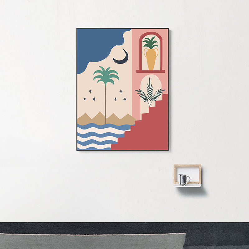 Brehn | Strand bei Nacht Wandkunst Dekoration Wohnzimmer Landschaft Leinwanddruck in Pink und Gelb