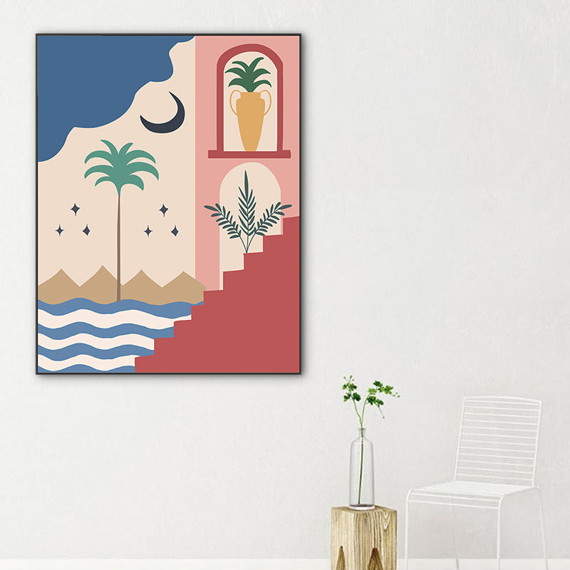 Brehn | Strand bei Nacht Wandkunst Dekoration Wohnzimmer Landschaft Leinwanddruck in Pink und Gelb
