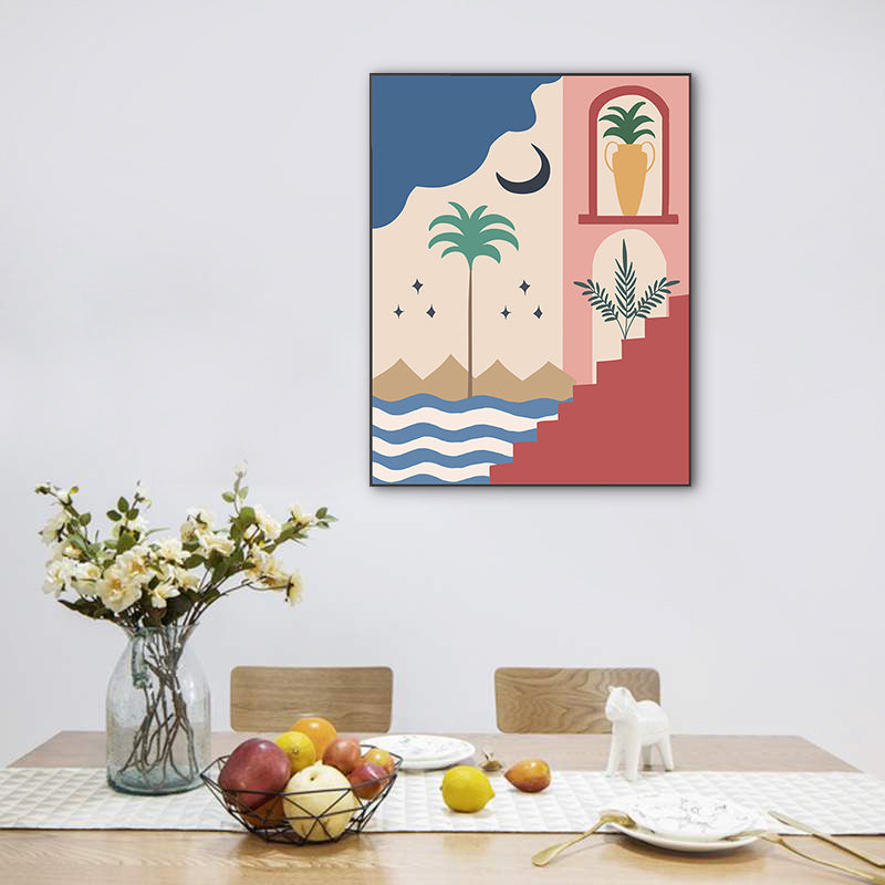 Brehn | Strand bei Nacht Wandkunst Dekoration Wohnzimmer Landschaft Leinwanddruck in Pink und Gelb