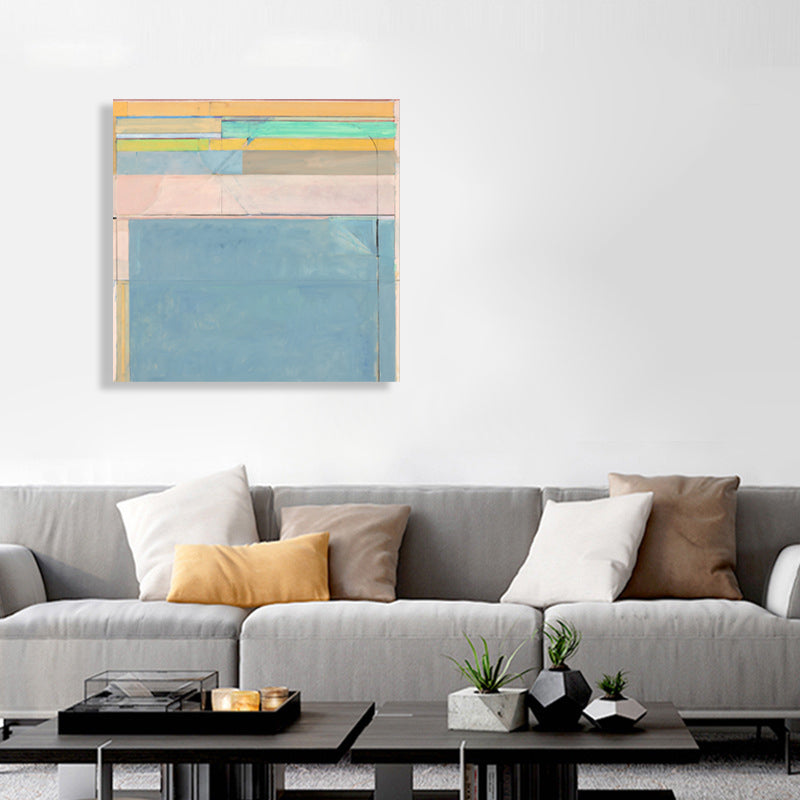 Brehn | Blaue Mid-Century Modern Kunstdruck Rechteckige Blöcke Leinwand für die Küche, verschiedene Größen
