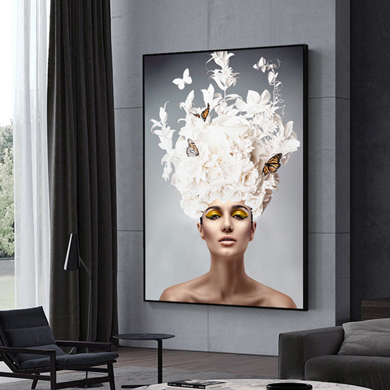 Brehn | Glam Flower Hatted Maid Malerei Leinwand Beige Fotografie Wandkunst Dekor, Mehrere Größen