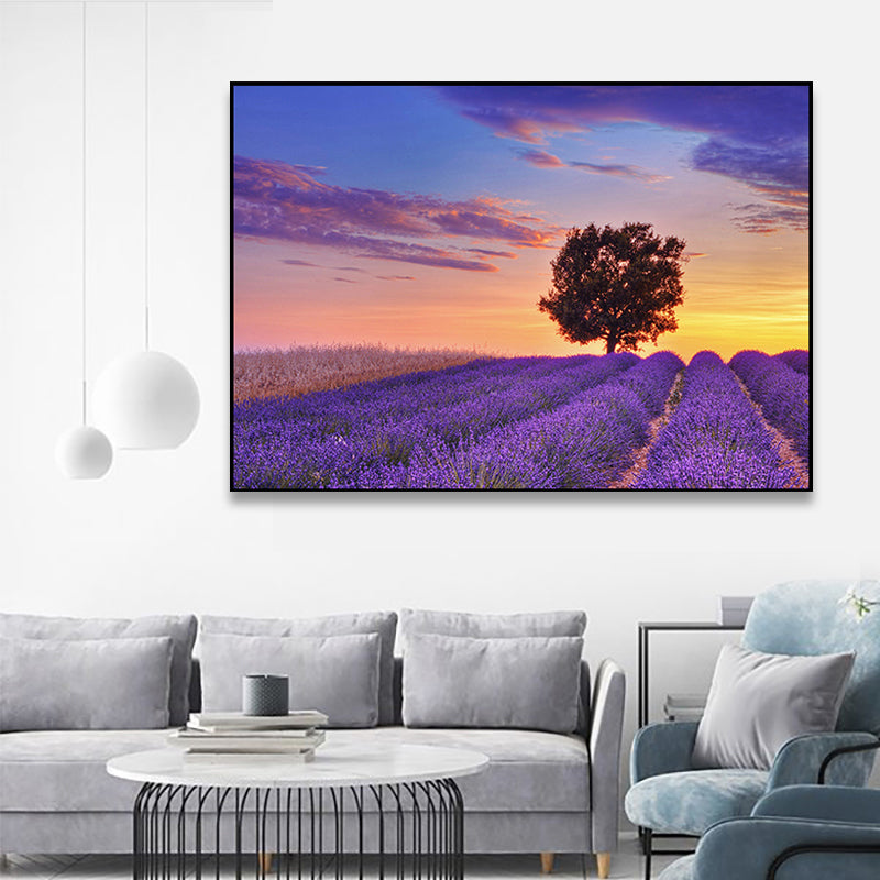 Brehn | Lila Lavendelfeld Wandkunst Blumenlandschaft Moderne Texturierte Leinwanddruck für Schlafzimmer