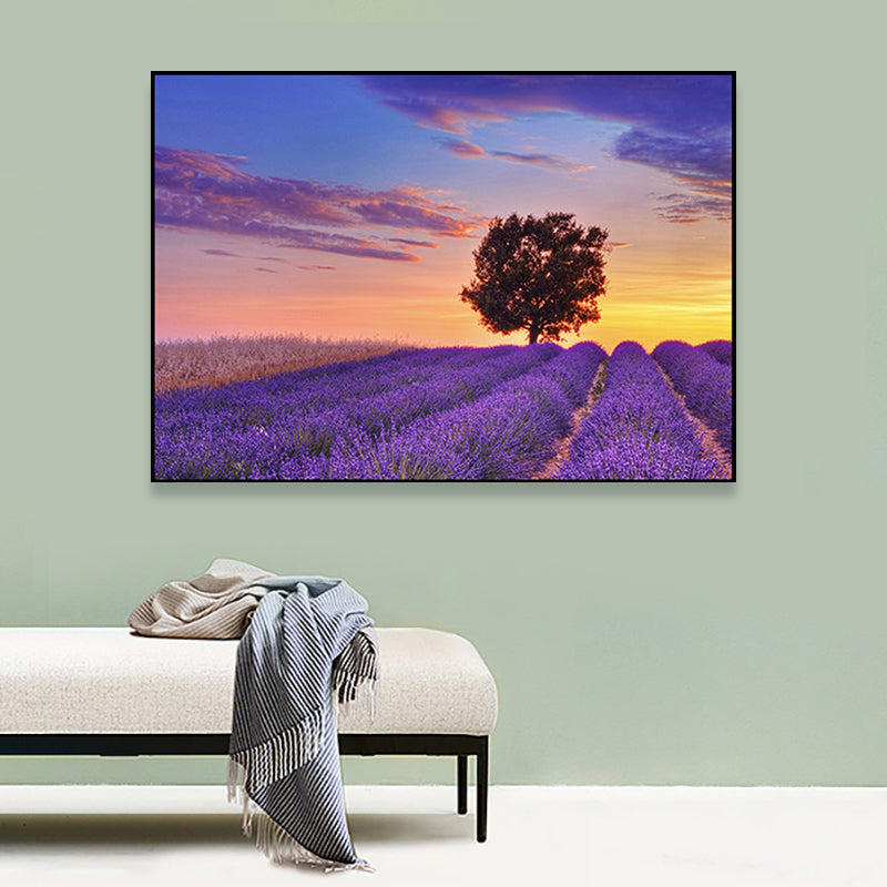Brehn | Lila Lavendelfeld Wandkunst Blumenlandschaft Moderne Texturierte Leinwanddruck für Schlafzimmer