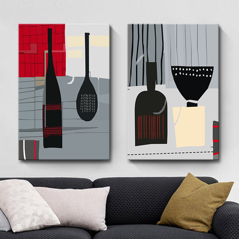 Brehn | Skandinavischer Weinaus Bottle-Leinwand Rotes und Graues Texturiertes Wandkunst-Druck für das Wohnzimmer