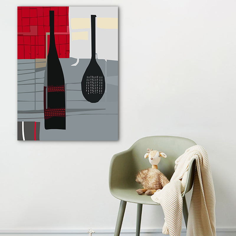 Brehn | Skandinavischer Weinaus Bottle-Leinwand Rotes und Graues Texturiertes Wandkunst-Druck für das Wohnzimmer