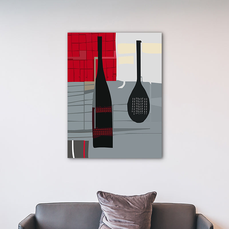 Brehn | Skandinavischer Weinaus Bottle-Leinwand Rotes und Graues Texturiertes Wandkunst-Druck für das Wohnzimmer